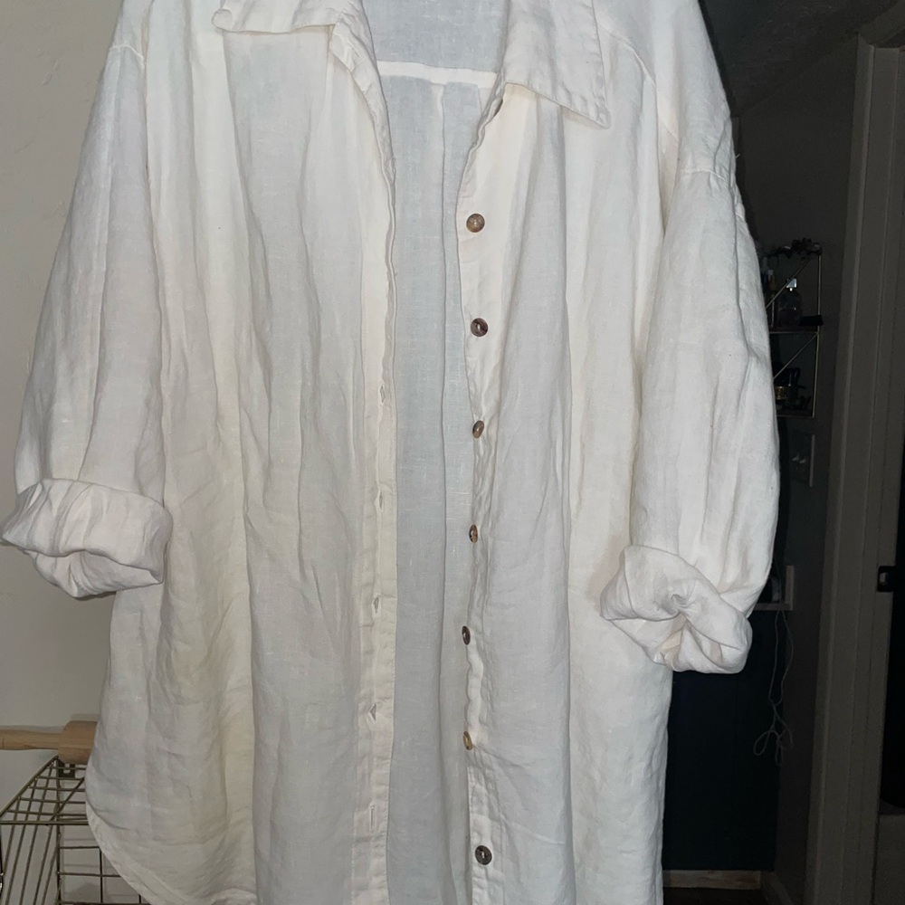Women's Long Sleeve Button-Front Linen Dress Shirt - White